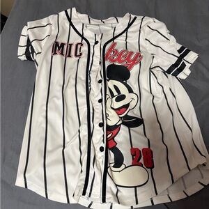 Disney White & Black Striped Mickey Mouse Baseball Jersey with Red Accents